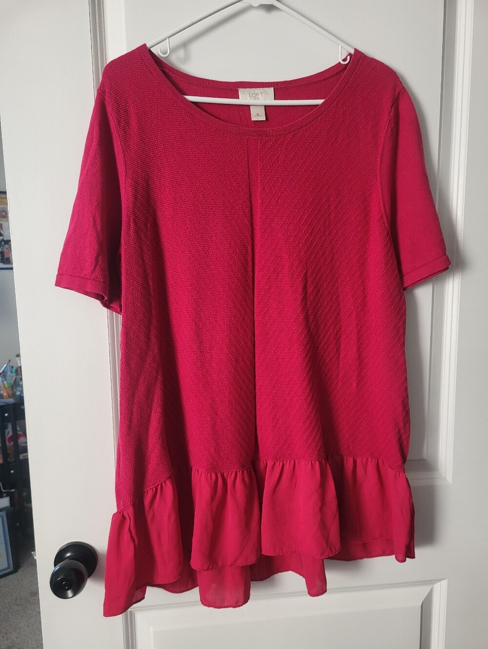 LOFT Hot Pink Peplum Hem Short Sleeve Top
